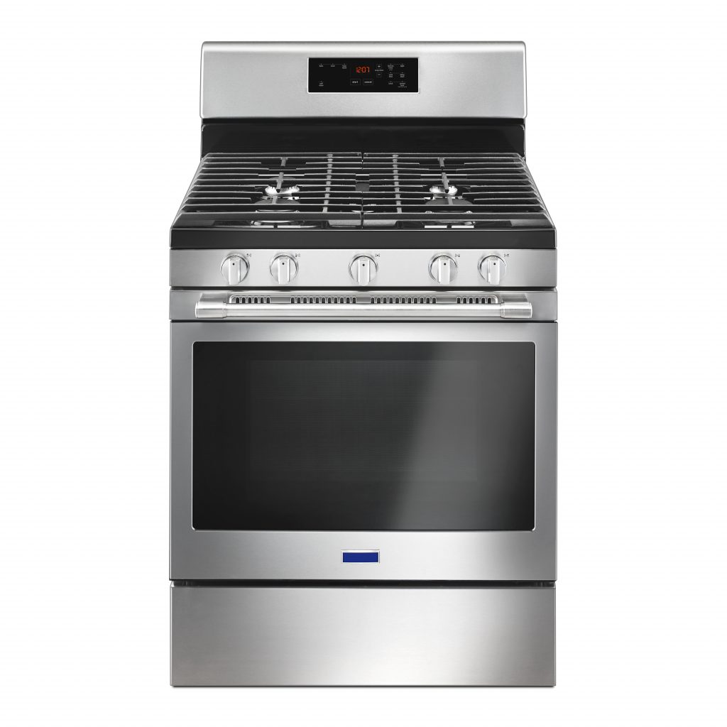 Freestanding 5-cu ft Gas Range with Convection Isolated on White Background. Front View Stainless Steel Fingerprint Resistant Kitchen Stove. Range Cooker with Warming Drawer and 5 Five Burner Cooktop