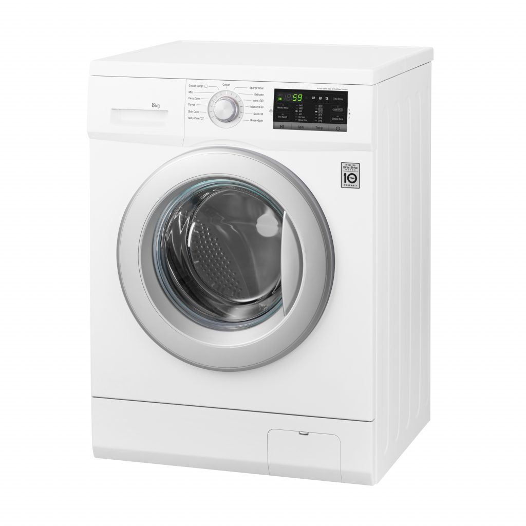 White Front Load Washing Machine Isolated on White Background.Side View of Modern Washer with Electronic Control Panel. Household and Domestic Appliance. Home Innovation